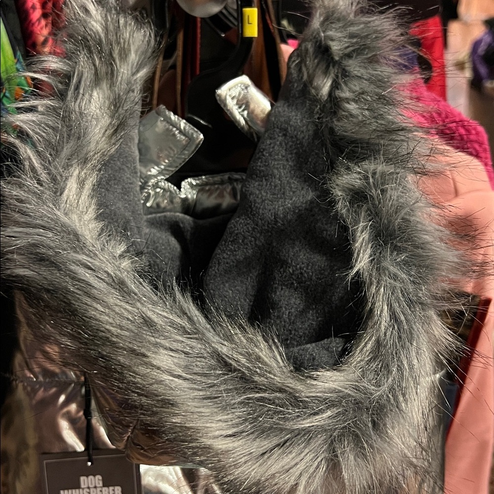 Metallic Silver Dog Winter Coat w/fleece inside- Removable Hood w/Faux Fur Trim - Picture 7 of 16
